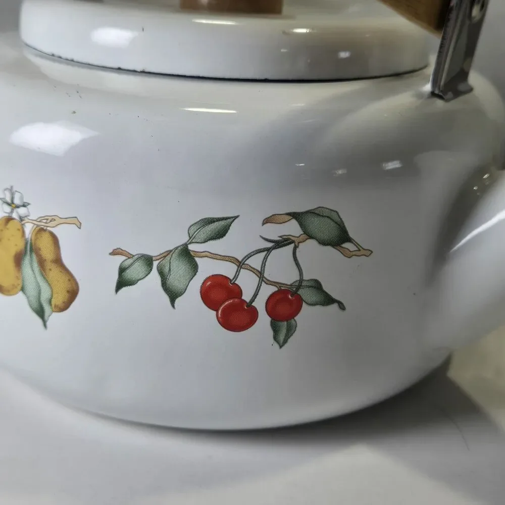 Vtg Tabletops Unlimited DULCIE Enamel Tea Kettle Fruit Pattern Wood Handle 2.3qt